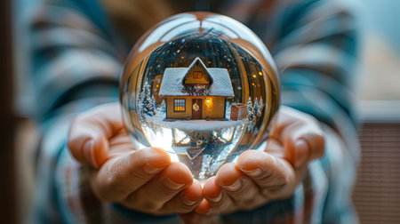Human hand holding in palm crystal glass ball with home house reflection inside.の素材