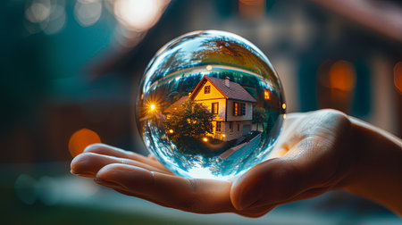 House buying concept of hand holding crystal ball with small home inside reflection of building in green summer forest.の素材