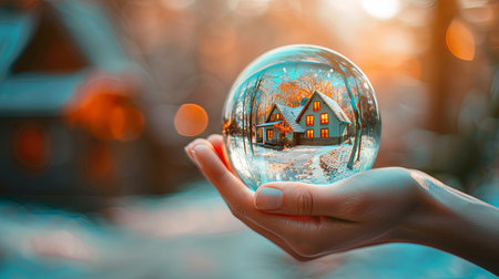 Clear crystal ball with small home house inside held in human palm hand on green summer forest blurred background.の素材