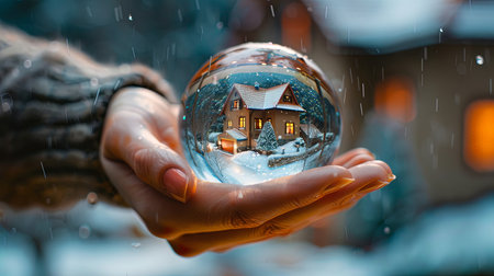 Closeup of hand holding crystal ball with small home inside on a bright sunny day.の素材