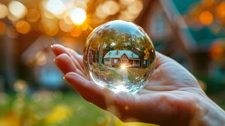 Goal of buying a house inside glass crystal ball held in palm of human hand on green forest blurred background.の素材