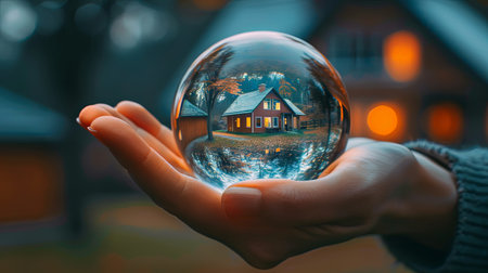 Clear crystal ball with small home house inside held in human palm hand on green summer forest blurred background.の素材