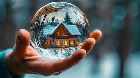 House buying concept of hand holding crystal ball with small home inside reflection of building in green summer forest.の素材