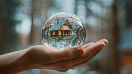 Clear crystal ball with small home house inside held in human palm hand on green summer forest blurred background.の素材