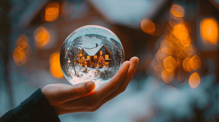 Human hand holding in palm crystal glass ball with home house reflection inside.の素材