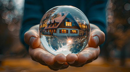 Dream house inside galls crystal ball held in palm on green summer forest blurred backgorund.の素材