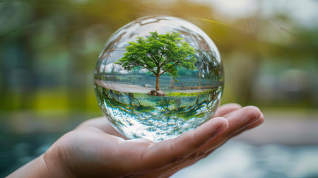 Hand holding crystal glass ball with green tree inside concept of sustainability and growth.の素材