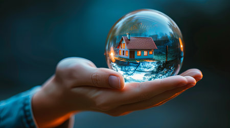 Clear crystal ball with small home house inside held in human palm hand on green summer forest blurred background.の素材
