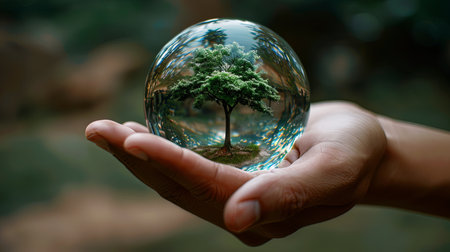 Green tree growing in crystal ball planet on fresh bright background in human hand.の素材