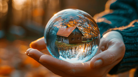 Goal of buying a house inside glass crystal ball held in palm of human hand on green forest blurred background.の素材