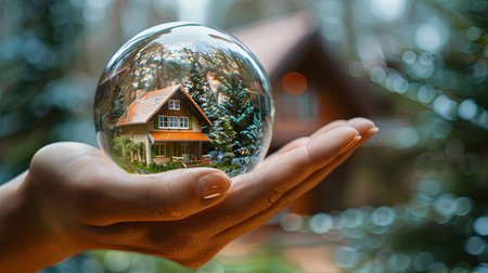 Buying a house concept with hand holding crystal ball with home inside and green forest around.の素材