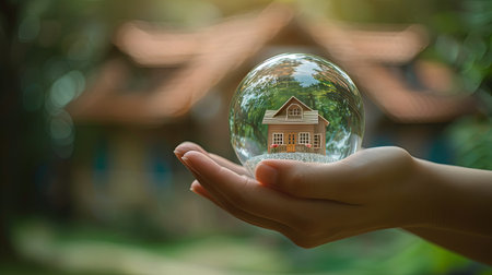 Buying a house concept with hand holding crystal ball with home inside and green forest around.の素材
