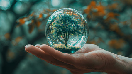 Green tree held in humna hand growing inside crystal  glass planet with bright summer forest background concept of growth and ecology.の素材