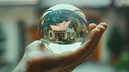 Hand holding glass crystal ball with house inside and green vegetation around.の素材