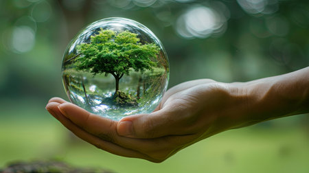 Green tree held in humna hand growing inside crystal  glass planet with bright summer forest background concept of growth and ecology.の素材