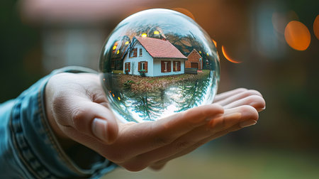 Buying a house concept with hand holding crystal ball with home inside and green forest around.の素材