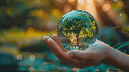 Man holding green tree growing inside glass ball planet with bright sunny background.の素材