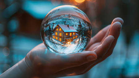 Buying a house concept with hand holding crystal ball with home inside and green forest around.の素材