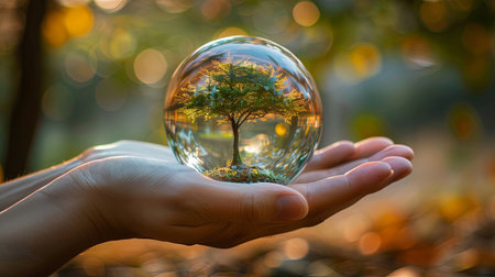 Glass globe with green tree growing inside held in palm of human hand concept of ecology and growth.の素材