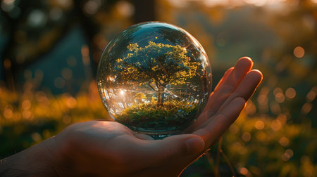 Man holding green tree growing inside glass ball planet with bright sunny background.の素材