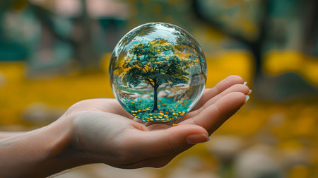 Man caring for green tree inside glass crystal ball on bright summer forest background concept of sustainability.の素材