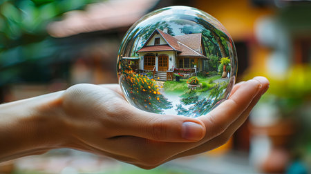 Closeup of crystal ball with house and green vegetation inside held in human palm hand.の素材