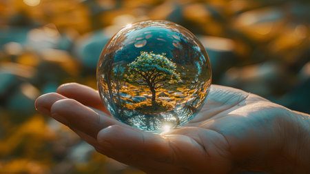 Nature conservation concept with tree growing inside crystal ball held in hand by human with sunny bright background.の素材