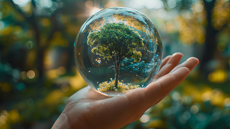 Person holding in hand glass globe with green tree growing inside concept of ecology and sustainability.の素材