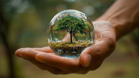 Natural growth concept with tree ecosystem growing inside glass globe held in humna hand palm.の素材