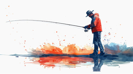 Cartoon illustration of man outdoor fishing with rod and line silhouette graphic design.の素材