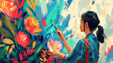 Closeup cartoon illustration portrait of young woman artist painting with brush in hand on canvas isolated on white.の素材