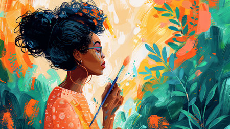 Illustration of woman artist holding brush in hand painting on canvas with many colors isolated on white.の素材