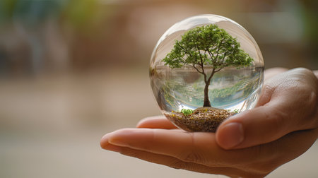 Green tree growing inside crystal ball planet held in hand by man on sunny summer bright background.の素材
