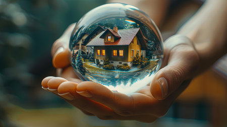 Goal of buying a house inside glass crystal ball held in palm of human hand on green forest blurred background.の素材