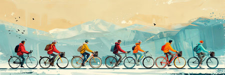 Flat panoramic banner illustration of many people riding bicycle togetherの素材