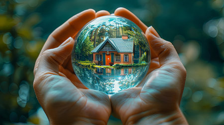 Closeup of hand holding crystal ball with small home inside on a bright sunny day.の素材