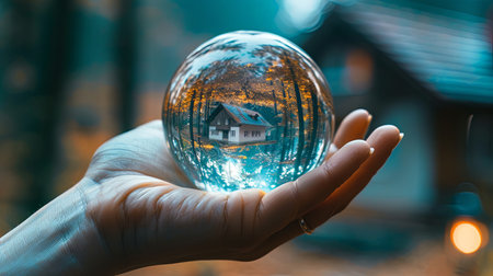 Closeup of crystal ball with house reflection inside.の素材