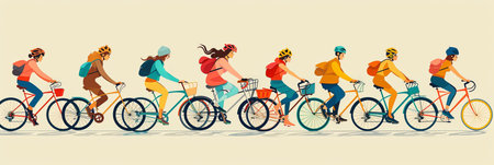 Illustration of group of people riding bicycles in a line together flat layの素材