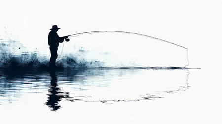 Cartoon illustration of man outdoor fishing with rod and line silhouette graphic design.の素材