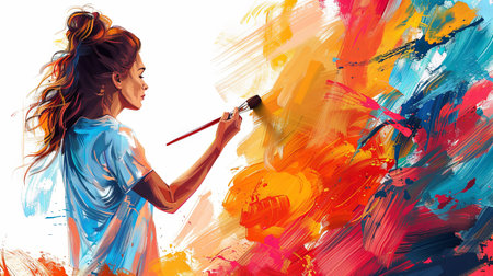 Flat illustration of young woman painting with oil brush on canvas isolated on white.の素材