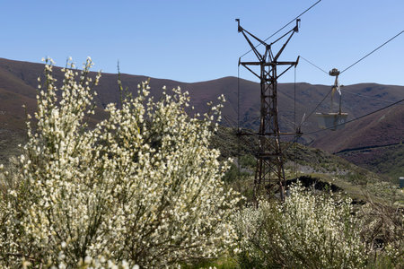 Abandoned industrial coal mining cart on cableway with rusty metal tower with cable on a bright sunny spring day with flower meadow and blue skyの写真素材