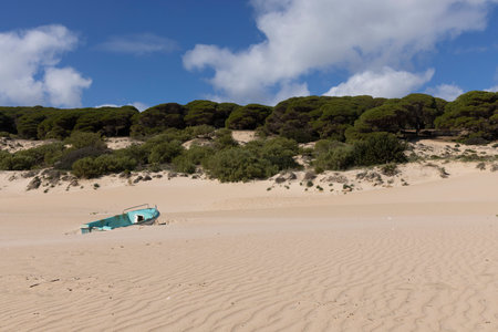 Fishing boat on the sand beach next to ocean at Punta Paloma in Spain on a bright sunny day with blue sky.の写真素材