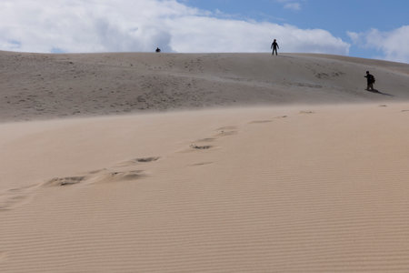 People walking up sand dunes on a bright sunny day in the desert with blue sky.の写真素材