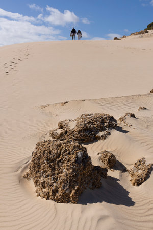 People trekking on foot walking up sand dune on a bright sunny day with blue sky at Punta Paloma in the south of Spain.の写真素材