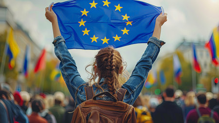 Portrait of happy person patriot holding european union blue flag  with stars from behind outdoors waving european parliament election conceptの素材
