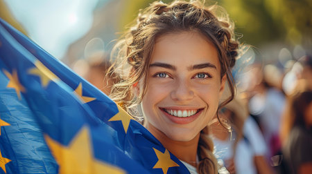Close-up portrait of young woman smiling and waving blue european union flag with yellow stars for parliament elections voteの素材