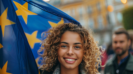 Closeup portrait of young caucasian woman holding european union flag in national government euro campaign politicsの素材