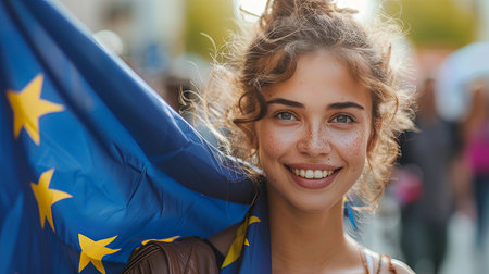 Closeup portrait of happy person face of young caucasian female holding european union flag in crowdの素材