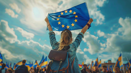 Portrait of happy attractive woman holding european union flag for campaign  from behind with blurred crowd in backgroundの素材