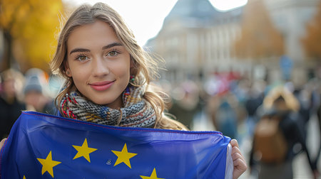 Close-up portrait of young attractive woman in 20's smiling and holding european union flag after voting with crowd blurred bokeh backgroundの素材